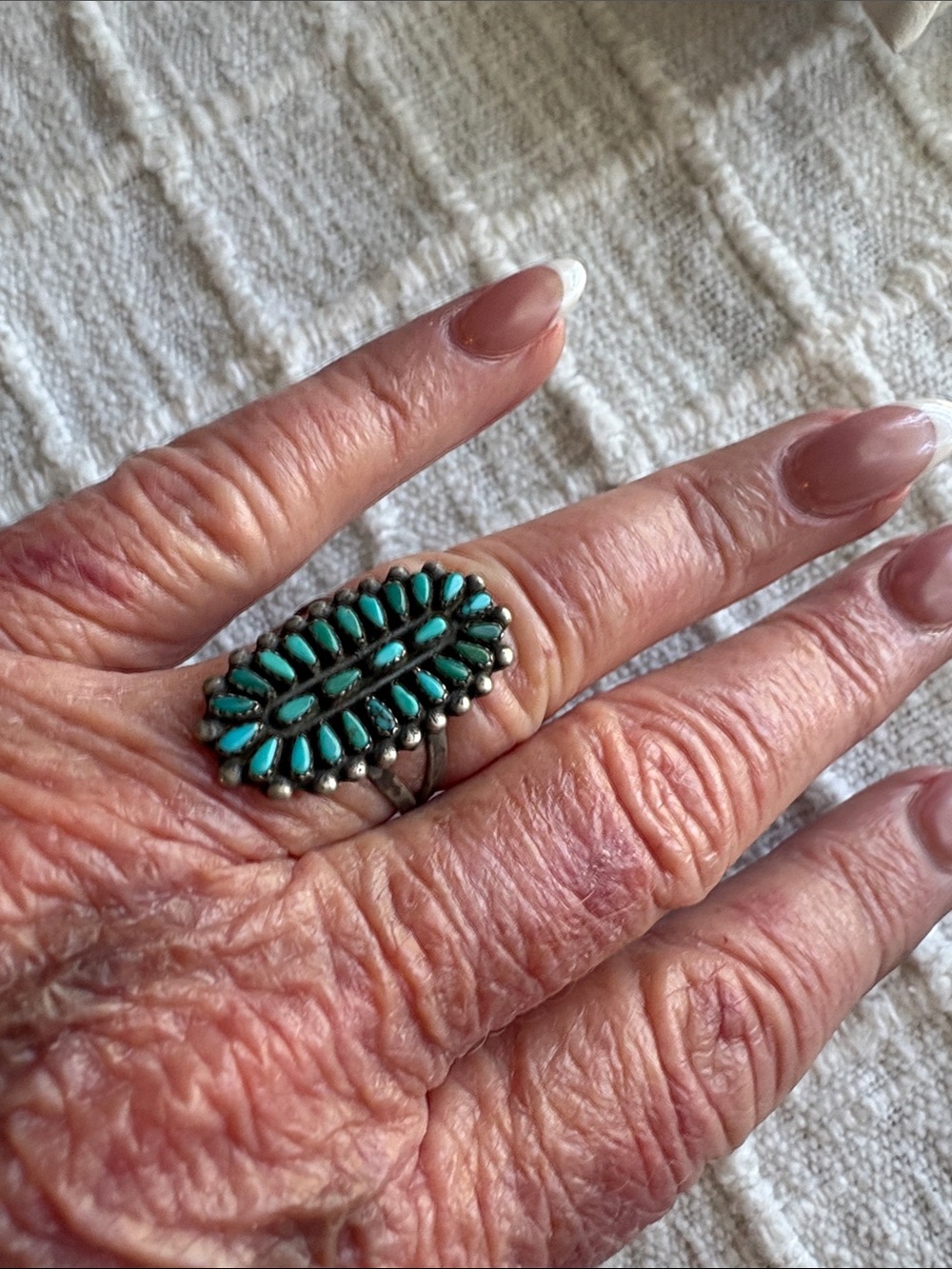 ZUNI OLD PAWN Turquoise Cluster Silver Statement Ring - Blue Turquoise